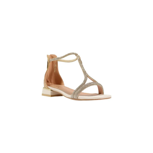 Goldene Damen-Sandalen von Alviero Martini mit Strasssteinen, schimmerndem Polyurethan-Riemen und niedrigem Blockabsatz aus beigefarbenem Leder.