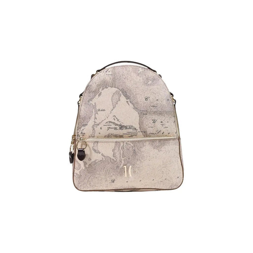 Alviero Martini Damenrucksack aus grauem Leder, 24 x 29 cm, mit beigefarbenem Vintage-Landkartenmuster und schwarzem Besatz