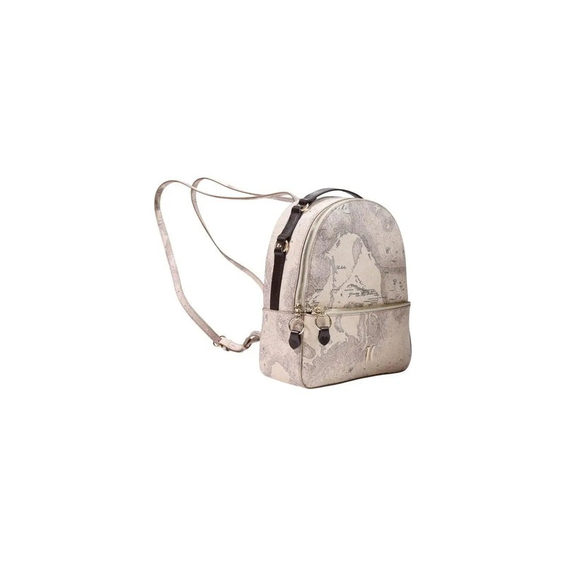 Alviero Martini Damenrucksack aus grauem Leder, 24x29cm, beiger Rucksack mit Vintage-Kartenmuster und dunkelbraunen Lederakzenten