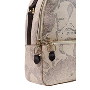 Beigefarbener Alviero Martini Damen-Rucksack aus grauem Leder, 24 x 29 cm, mit Vintage-Weltkartenprint und dunkelbraunen Lederriemen