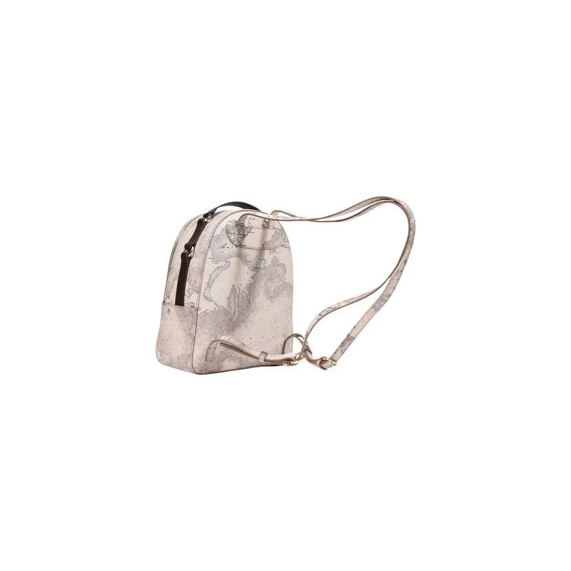 Alviero Martini Damenrucksack aus grauem Leder, 24 x 29 cm, mit beigem Landkartenmuster und Metallbeschlägen