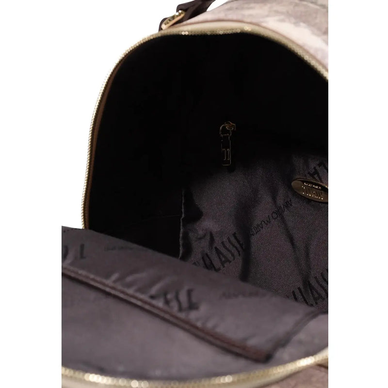 Grauer Damen-Rucksack von Alviero Martini aus Leder, 24 x 29 cm, mit Camouflage-Muster, goldfarbenem Reißverschluss und Massimo-Futter