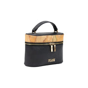 Alviero Martini Damenhandtasche aus schwarzem PVC, 20 cm, mit Vintage-Kartenmusterband und goldfarbenen Beschlägen, inklusive Reiseetui