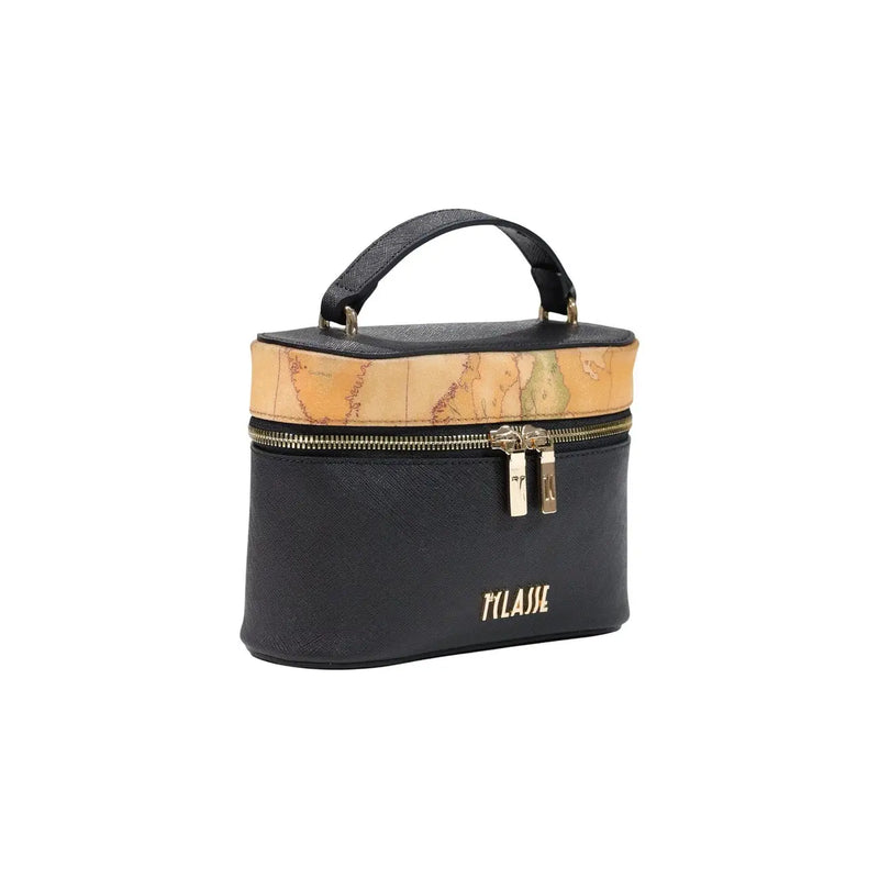 Alviero Martini Damenhandtasche aus schwarzem PVC, 20 cm, mit Vintage-Kartenmusterband und goldfarbenen Beschlägen, inklusive Reiseetui