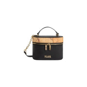 Alviero Martini Damenhandtasche, schwarze PVC-Clutch, 20 cm, mit schwarz-braunem Landkartenmuster und goldfarbenen Beschlägen