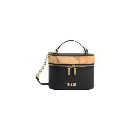 Alviero Martini Damenhandtasche, schwarze PVC-Clutch, 20 cm, mit schwarz-braunem Landkartenmuster und goldfarbenen Beschlägen