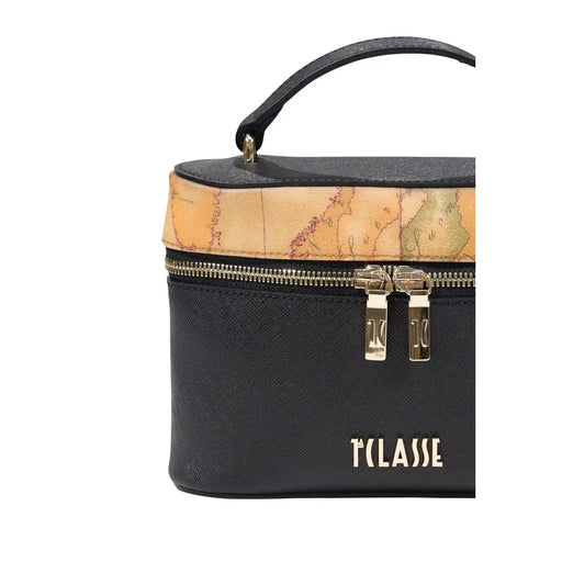 Schwarze, strukturierte PVC-Kosmetiktasche mit Vintage-Kartenmusterband und goldfarbenen Reißverschlussanhängern von tclasse