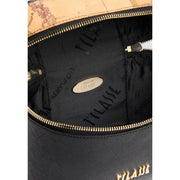 Alviero Martini Damen-Handtasche, schwarzer Rucksack aus strukturiertem Leder mit goldfarbenem Reißverschluss und hellbrauner Klappe mit Kartenmuster.