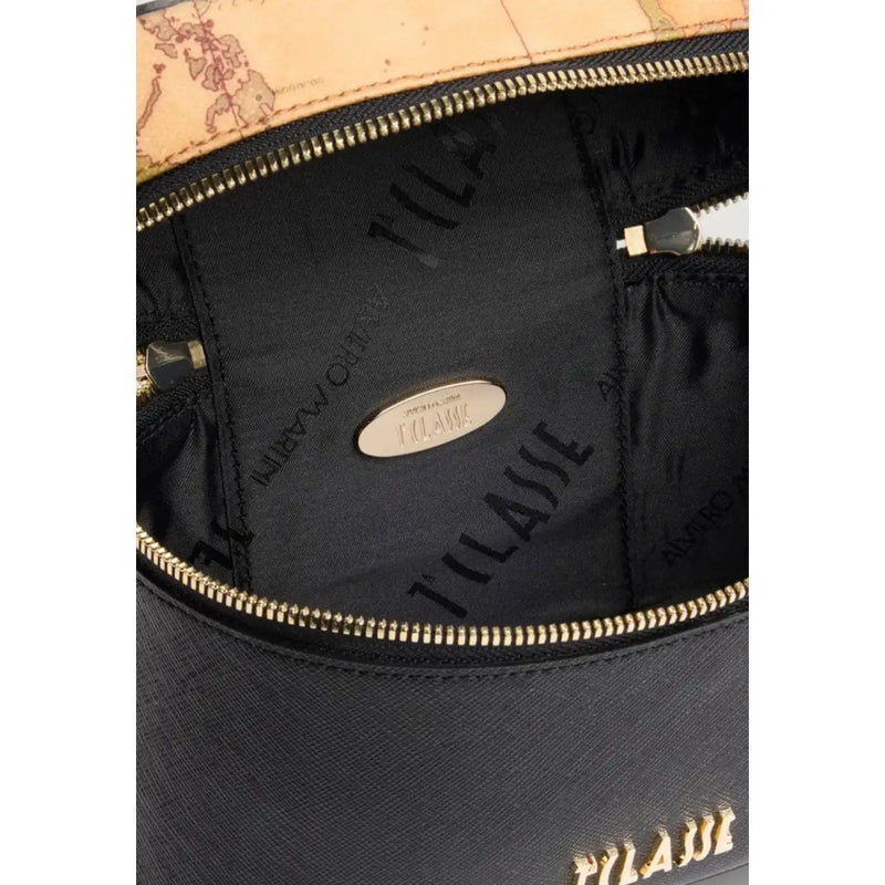Alviero Martini Damen-Handtasche, schwarzer Rucksack aus strukturiertem Leder mit goldfarbenem Reißverschluss und hellbrauner Klappe mit Kartenmuster.