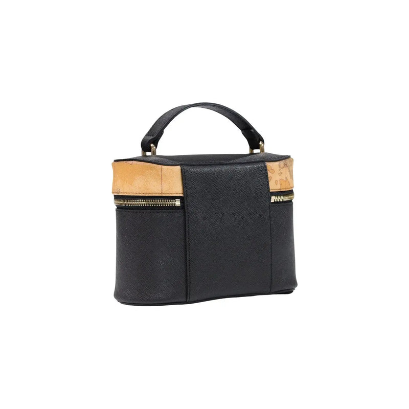 Alviero Martini Damenhandtasche, schwarzes PVC, 20 cm, mit schwarzer, strukturierter Leder-Kosmetiktasche, hellbraunen Korkakzenten und goldfarbenen Reißverschlüssen
