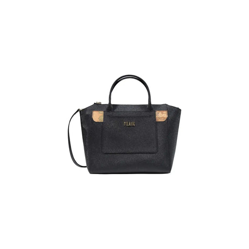 Alviero Martini Damenhandtasche, schwarz, strukturiertes PVC mit Korkakzenten und goldfarbenem Tclanie-Logo auf der Vorderseite