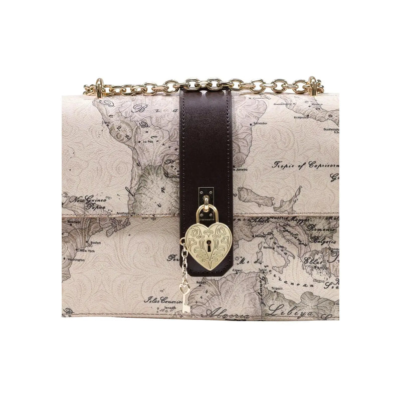 Alviero Martini Damenhandtasche, beigefarbene Umhängetasche mit Landkartenmuster, dunkelbraunem Lederriemen und goldenem Herzschloss-Anhänger