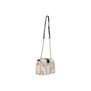 Alviero Martini Damenhandtasche aus beigefarbenem Leder, 27 cm, mit dunkelbraunem Riemen im Vintage-Landkarten-Print und silberfarbenen Kettendetails