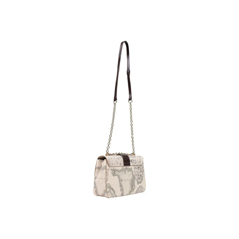 Alviero Martini Damenhandtasche aus beigefarbenem Leder, 27 cm, mit dunkelbraunem Riemen im Vintage-Landkarten-Print und silberfarbenen Kettendetails