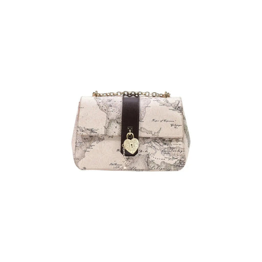 Alviero Martini Damenhandtasche aus cremefarbenem Leder, 27 cm, mit dunkelbraunem Riemen im Vintage-Landkartenmuster und goldenem Herzschloss-Anhänger