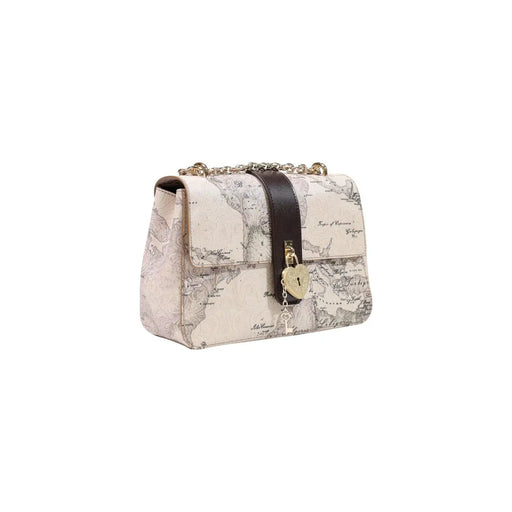 Alviero Martini Damenhandtasche aus cremefarbenem Leder, 27 cm, mit dunkelbraunem Riemen im Vintage-Landkartenmuster und goldenem Herzverschluss