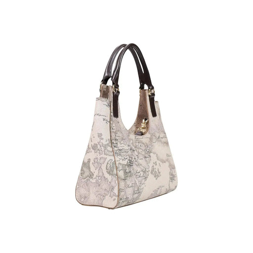 Alviero Martini Damenhandtasche, beige mit Vintage-Landkartenmuster und dunkelbraunen Ledergriffen, aus grauem Leder, 31 x 30 cm