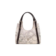 Beigefarbene Alviero Martini Damenhandtasche mit Vintage-Landkartenmuster und dunkelbraunen Ledergriffen aus grauem Leder, 31 x 30 cm