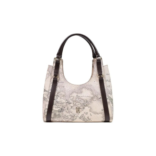 Beigefarbene Alviero Martini Damenhandtasche mit Vintage-Landkartenmuster und dunkelbraunen Ledergriffen aus grauem Leder, 31 x 30 cm