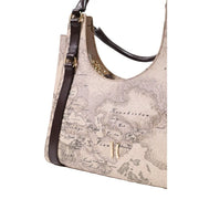 Alviero Martini Damenhandtasche, beige mit Vintage-Weltkartenprint und dunkelbraunen Lederriemen, aus grauem Leder, 31 x 30 cm