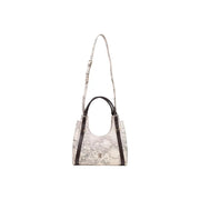 Alviero Martini Damenhandtasche aus beigefarbenem Leder mit Vintage-Landkartenmuster und dunkelbraunen Trageriemen, 31 x 30 cm, minimalistisches Design