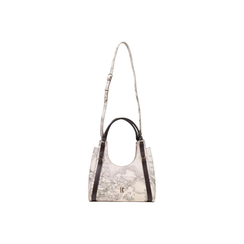 Alviero Martini Damenhandtasche aus beigefarbenem Leder mit Vintage-Landkartenmuster und dunkelbraunen Trageriemen, 31 x 30 cm, minimalistisches Design