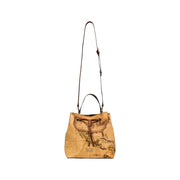 Alviero Martini women leather handbag beige w25cm tan bucket bag with vintage map design brown straps drawstring closure