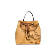 Alviero Martini women leather handbag beige tan leather bucket bag with vintage map print and brown drawstrings W25cm