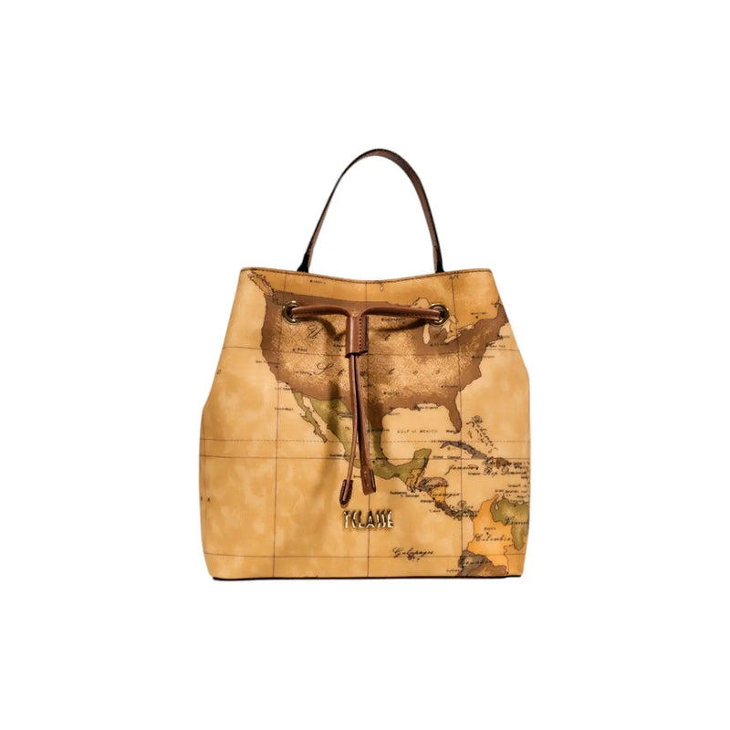 Alviero Martini women leather handbag beige tan leather bucket bag with vintage map print and brown drawstrings W25cm