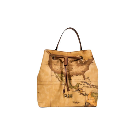 Alviero Martini Damen-Lederhandtasche, beigefarbene Leder-Bucket-Bag mit Vintage-Kartenmuster und braunen Kordelzügen, B 25 cm