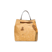 Alviero Martini women leather handbag beige W25cm featuring tan leather, vintage world map print, dark brown handles, and drawstring closure