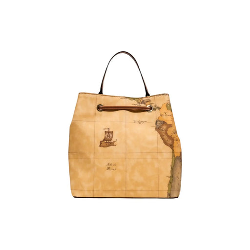 Alviero Martini Damen-Lederhandtasche, beige, 25 cm breit, mit hellbraunem Leder, Vintage-Weltkartenmuster, dunkelbraunen Henkeln und Kordelzugverschluss