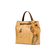 Alviero Martini women leather handbag beige tan leather tote with vintage south America map print and drawstring closure