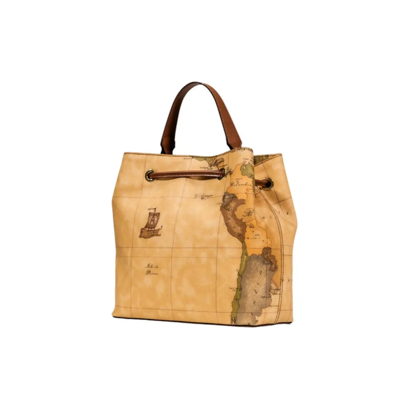 Alviero Martini women leather handbag beige tan leather tote with vintage south America map print and drawstring closure