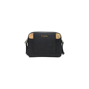 Black Alviero Martini women PVC shoulder bag featuring textured surface and natural cork side accents with gold-tone plaise logo