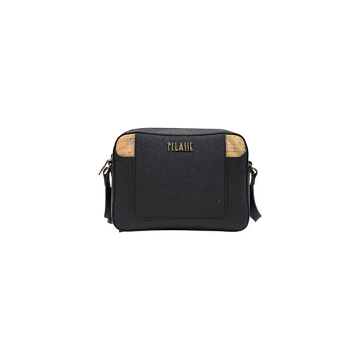Schwarze Alviero Martini Damen-Schultertasche aus PVC mit strukturierter Oberfläche und seitlichen Akzenten aus Naturkork sowie goldfarbenem Plaise-Logo