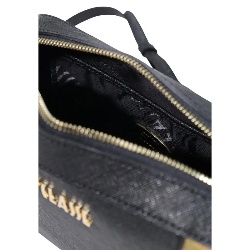Black textured pvc shoulder bag by Alviero Martini with gold-tone zipper and embossed branding W21 cm