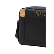 Alviero Martini women black textured leather crossbody bag with gold-tone claise logo and cork map side detail