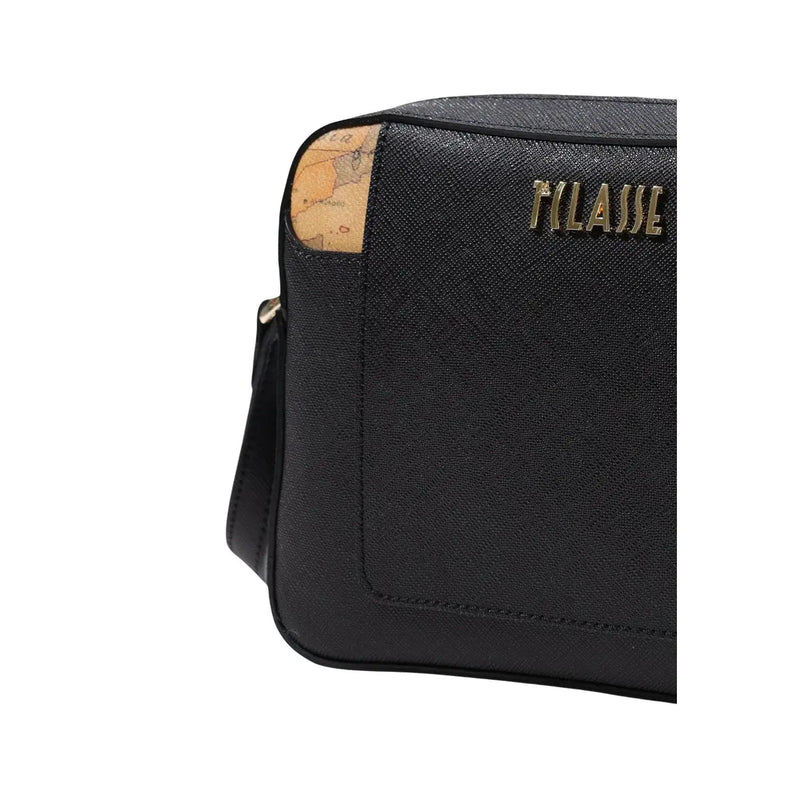 Alviero Martini women black textured leather crossbody bag with gold-tone claise logo and cork map side detail