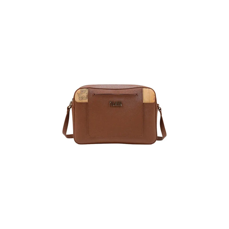 Alviero Martini women shoulder bag brown polyurethane crossbody with tan map-patterned accents and metallic logo plaque