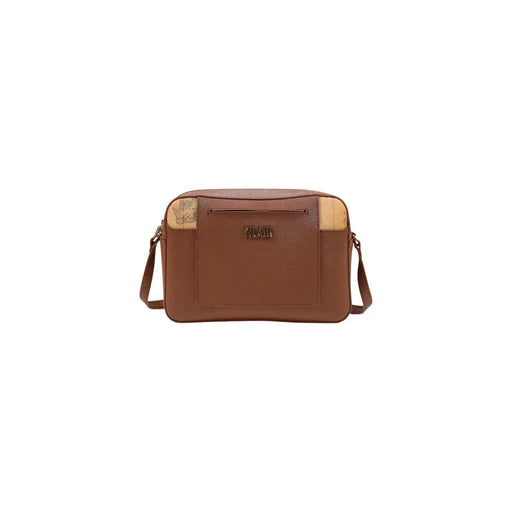 Alviero Martini Damen-Schultertasche aus braunem Polyurethan, Crossbody-Modell mit hellbraunen, kartenförmigen Akzenten und metallischem Logo-Emblem.