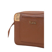 Brown textured leather toiletry bag with gold-tone pilatte logo and map-patterned accent panel by alviero martini