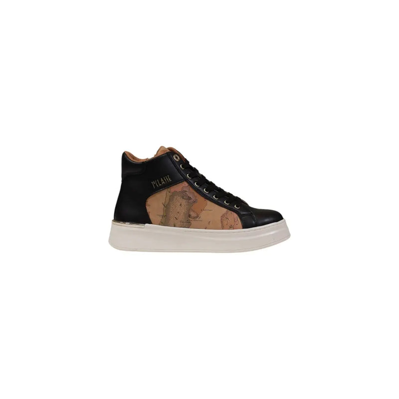 Alviero Martini women sneakers black polyurethane high-top sneaker with tan map-pattern panel and white rubber sole