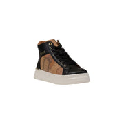 Alviero Martini women sneakers in black polyurethane with black and tan high-top design and world map detail on the side