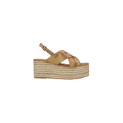 Alviero Martini women beige polyurethane platform sandal with woven espadrille sole and map-patterned cross straps