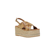 Alviero Martini women beige platform sandals with woven espadrille sole and map patterned polyurethane straps