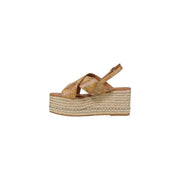 Alviero Martini women wedge shoes beige polyurethane with tan leather espadrille wedge and map-patterned upper
