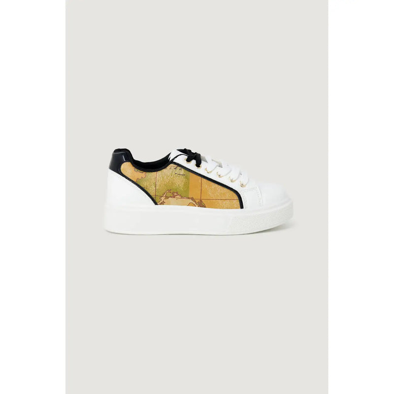 Alviero Martini women white lace sneakers with vintage map design in earthy tones and black heel and laces accents