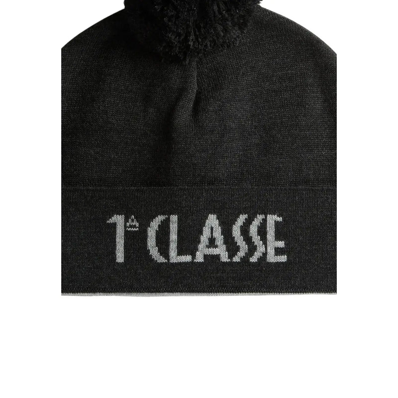 Black knit wool beanie by alviero martini with fuzzy pom-pom and white 1ère classe embroidery
