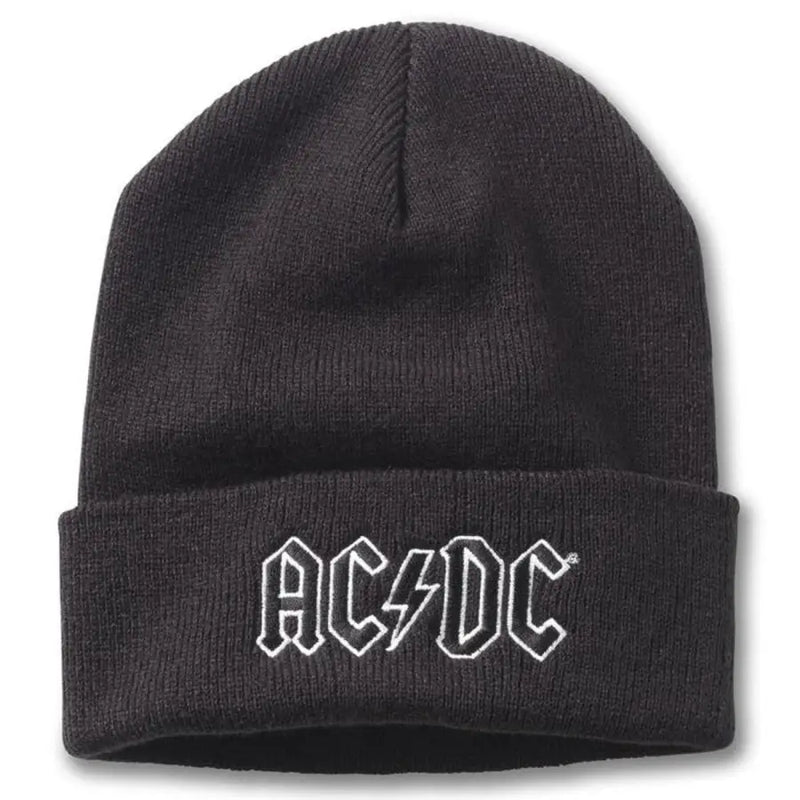 Schwarze AC/DC-Mütze mit weißem Logo.